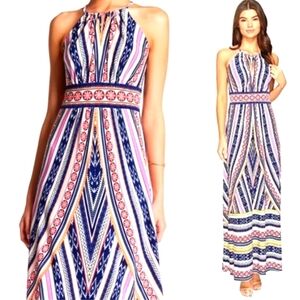 London Times Colorful Bohemian Halter Maxi Dress Size 8